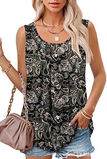 Round Neck Tank Sleeveless Tops Summer Loose Pleated Printed Vest Women - Amazitshop