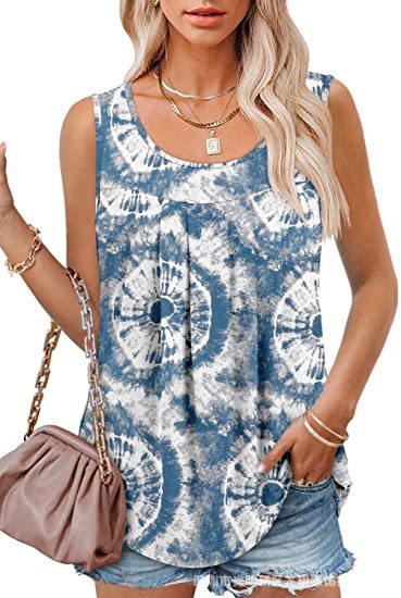 Round Neck Tank Sleeveless Tops Summer Loose Pleated Printed Vest Women - Amazitshop