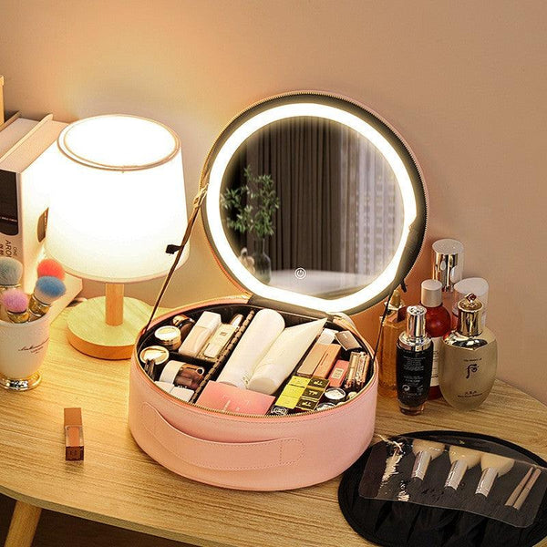 Round Smart LED Makeup Bag With Mirror Lights Women Beauty Bag Large Capacity PU Leather Travel Organizers Cosmetic Case - Amazitshop