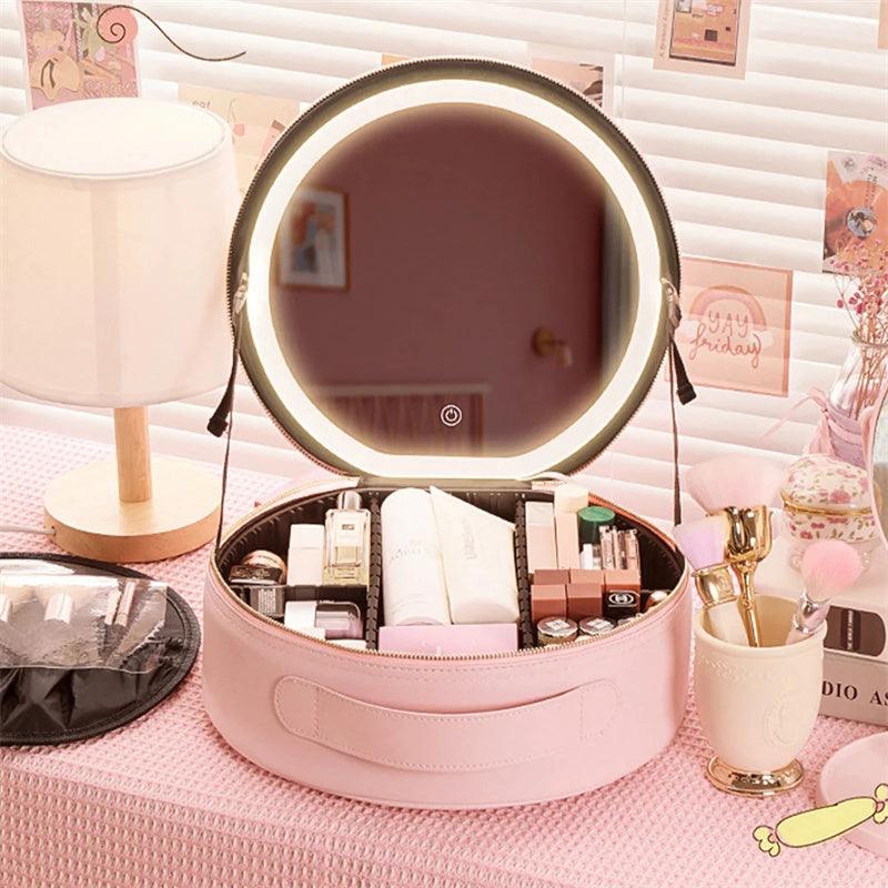 Round Smart LED Makeup Bag With Mirror Lights Women Beauty Bag Large Capacity PU Leather Travel Organizers Cosmetic Case - Amazitshop
