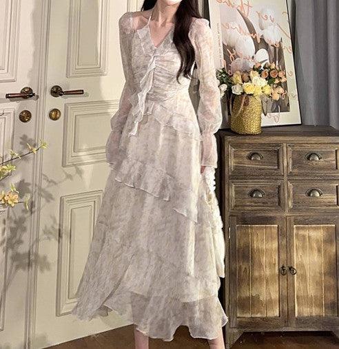 Ruffles Floral Fragments Dresses V Neck - Amazitshop