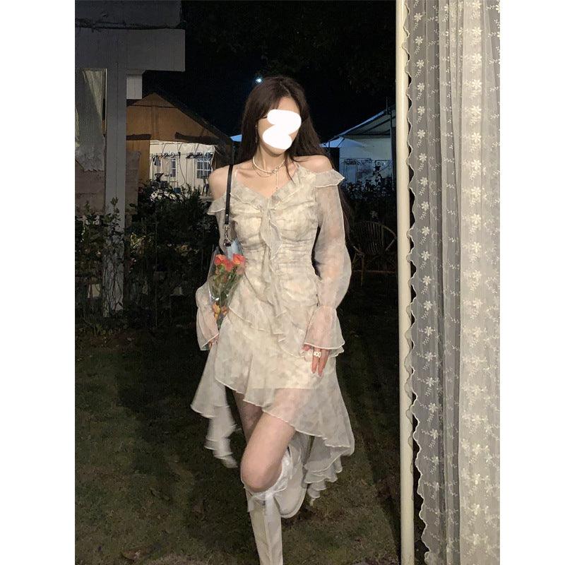 Ruffles Floral Fragments Dresses V Neck - Amazitshop