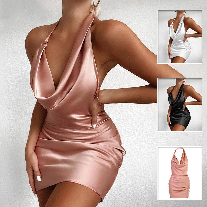 Satin Party Dress V Neck Backless Mini Sleeveless Summer Party Dress - Amazitshop