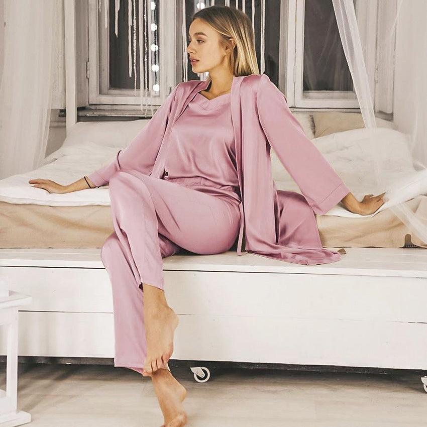 Satin Pink Simple Pajamas Suit Women Night Gown Pajamas Simulation Silk Home Service - Amazitshop