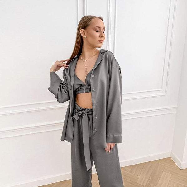 Satin Shirt Trousers Bow Fringe Three - Piece Pajamas - Amazitshop