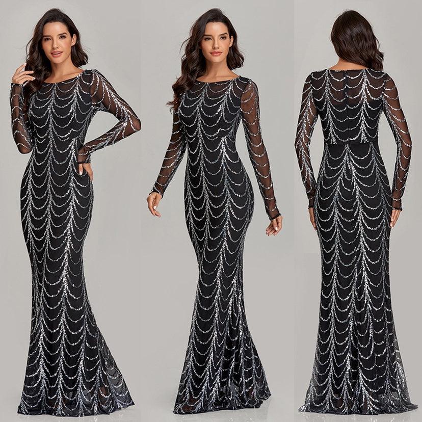 Sequins Women Maxi Dresses Long Sleeve Female Party Dresses - Amazitshop