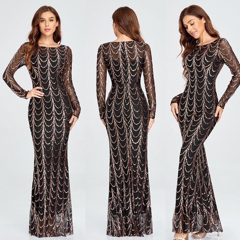 Sequins Women Maxi Dresses Long Sleeve Female Party Dresses - Amazitshop