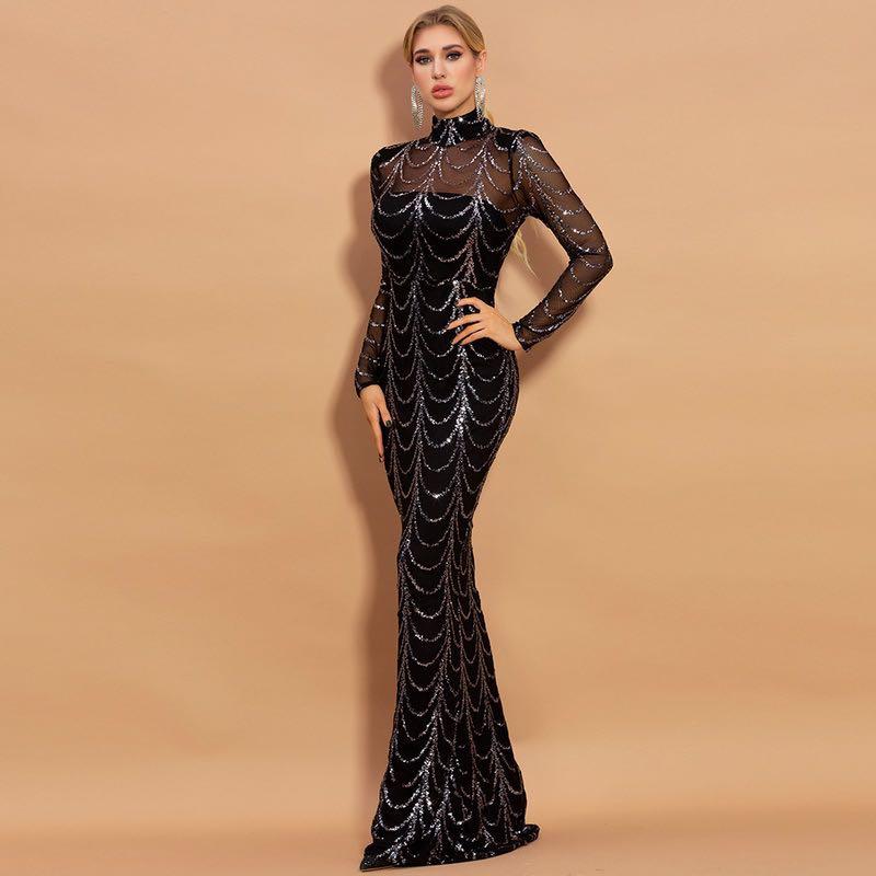 Sequins Women Maxi Dresses Long Sleeve Female Party Dresses - Amazitshop