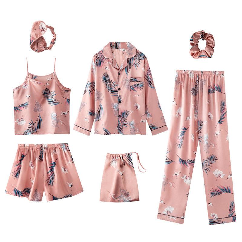 Seven - Piece Pajamas Simulation Silk Long - Sleeved Cardigan Spring And Autumn Set - Amazitshop