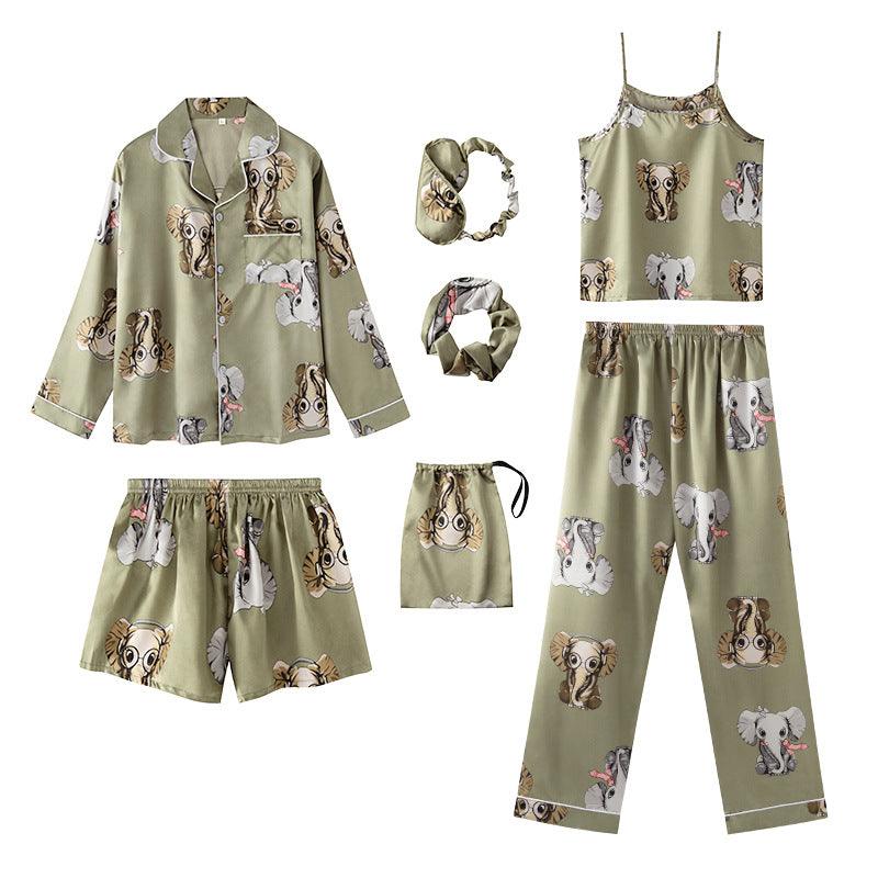 Seven - Piece Pajamas Simulation Silk Long - Sleeved Cardigan Spring And Autumn Set - Amazitshop