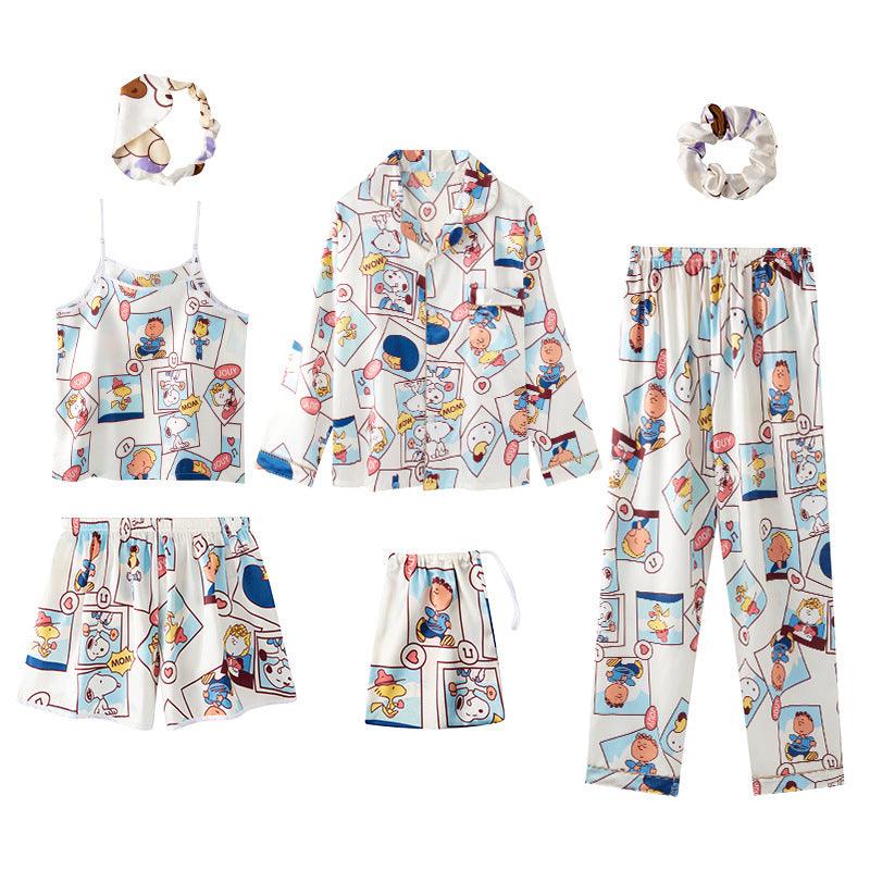 Seven - Piece Pajamas Simulation Silk Long - Sleeved Cardigan Spring And Autumn Set - Amazitshop