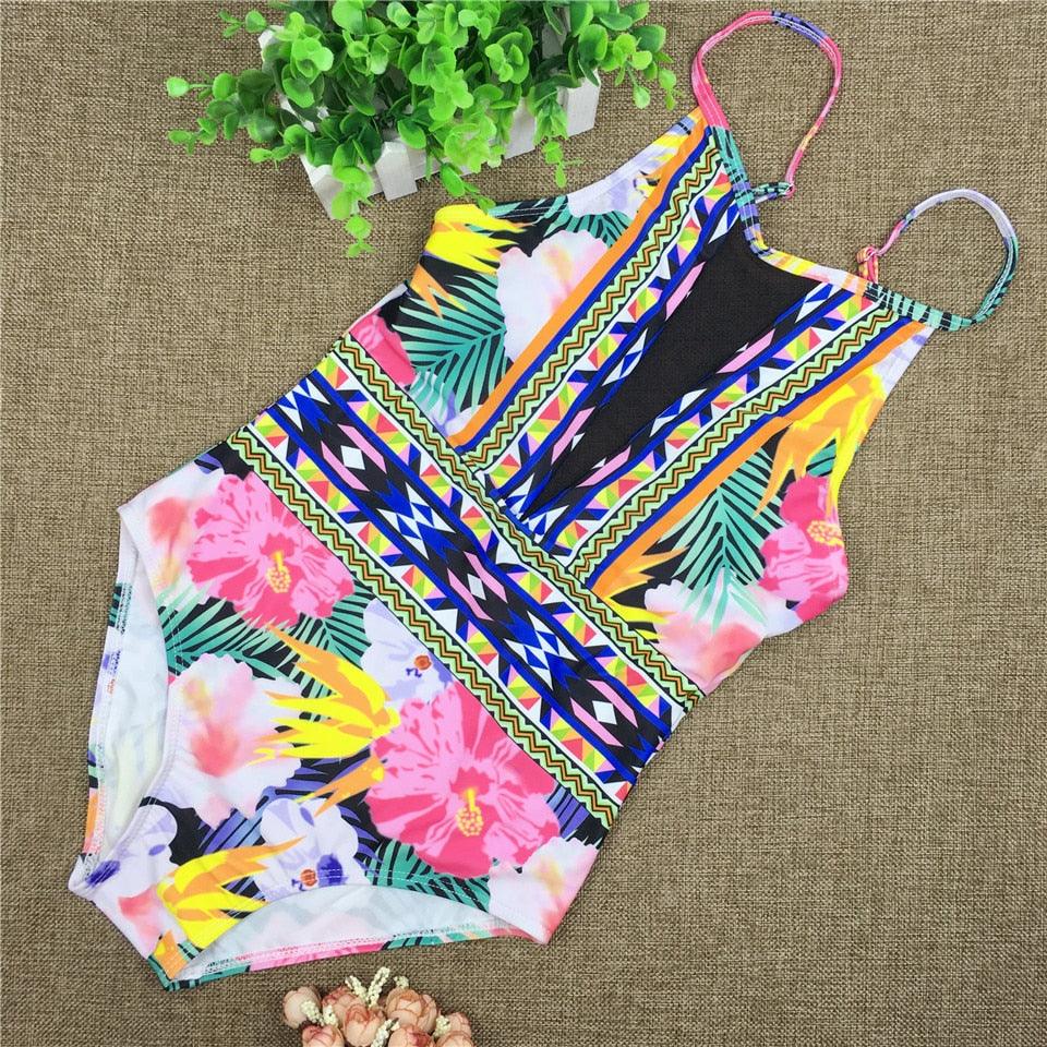 Sexy Mesh One Piece Swimsuit High Cut Swimwear Women Floral Bathing Suit Patchwork Bikini - Amazitshop
