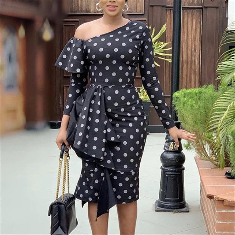 Sexy One - shoulder Long - sleeved Polka - dot High - waisted Slim - fit Large Size Package Hip And Ruffled Dress For Women - Amazitshop