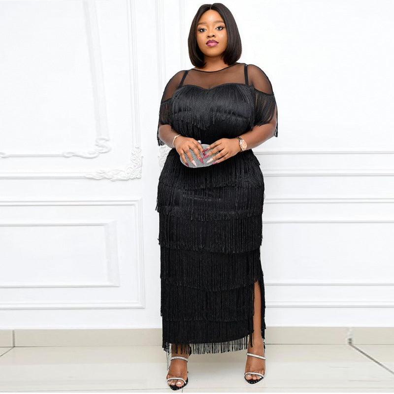 Sexy Perspective Mesh Stitching Tassel High Waist Large Size Slim Casual Women\'s Dress - Amazitshop