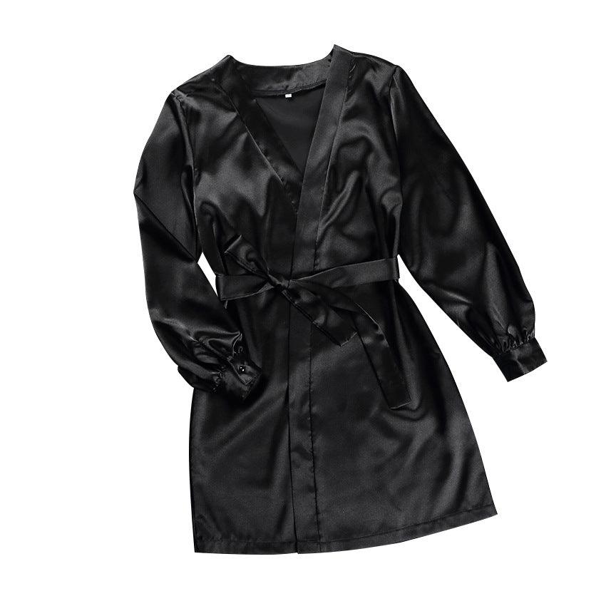 Sexy V - neck Long - Sleeved Home Satin Cardigan Pajamas - Amazitshop