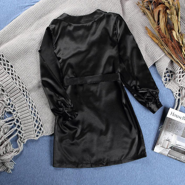 Sexy V - neck Long - Sleeved Home Satin Cardigan Pajamas - Amazitshop