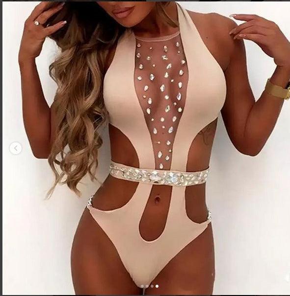Sexy Women One Piece Swimwear Beachsets Lace Up Mesh Patchwork Monokini Bathings High Waist Thong Bathing Bodysuits Sets - Amazitshop