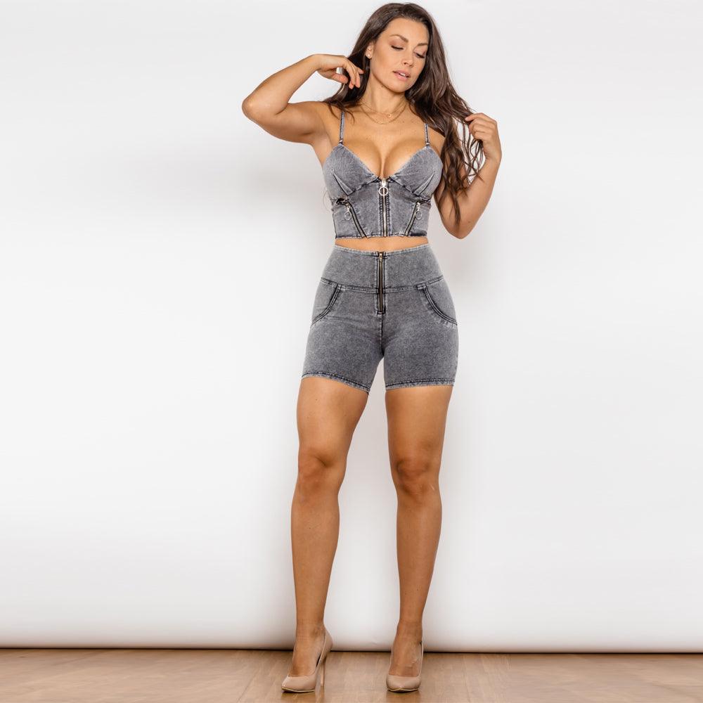 Shascullfites Shaper Set Grey Jeans Short Set Zipper Tanks Crop Top Female Club Party 2 Piece Sets Womens Outfits Summer - Amazitshop