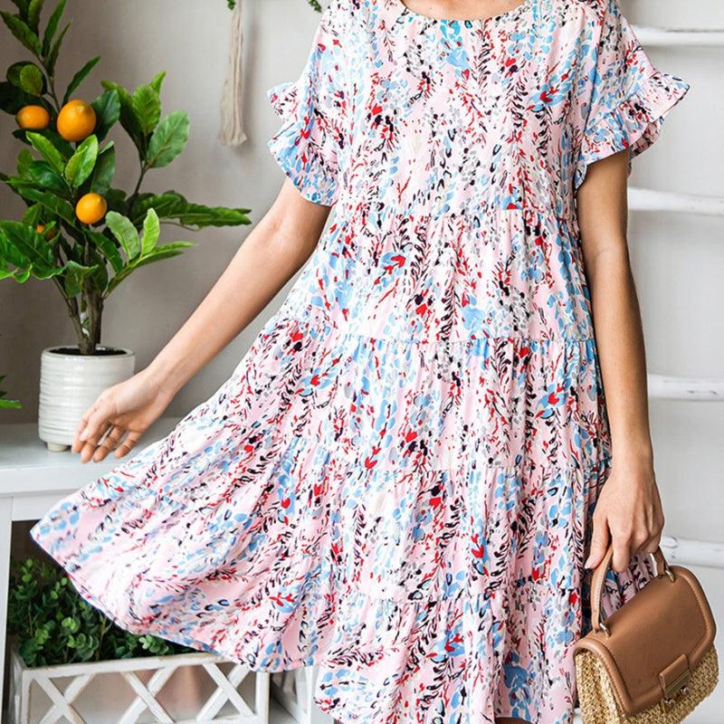 Short Sleeve Printed Dress Summer Casual Layered Ruffles - Amazitshop
