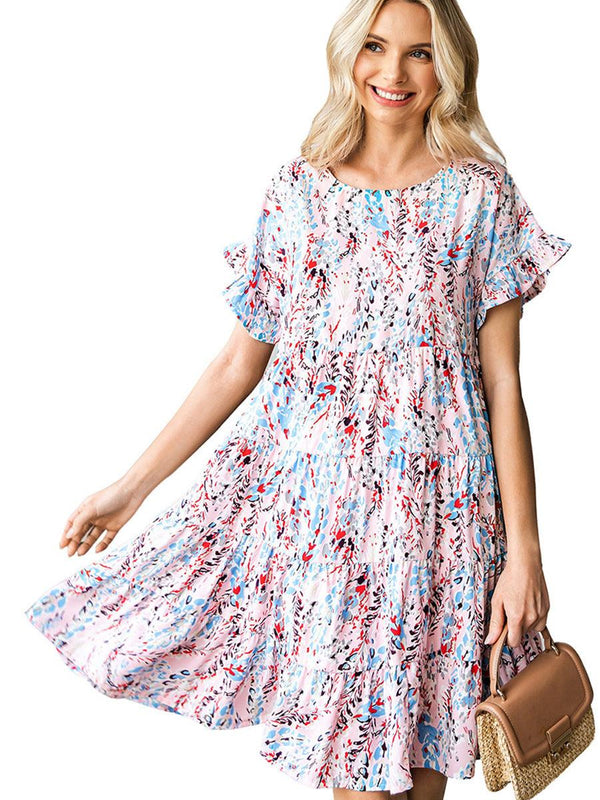 Short Sleeve Printed Dress Summer Casual Layered Ruffles - Amazitshop