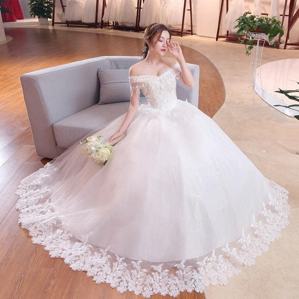 Shoulder - to - shoulder Wedding Dress Bridal Lace Plus Size Thin Shoulder Wedding Dress - Amazitshop