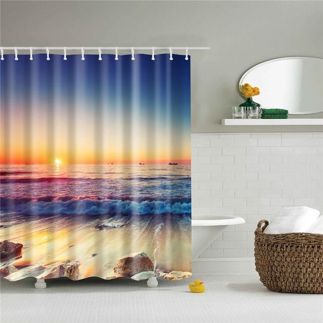 Shower Curtain Set 3D Sea View Beach Digital Printing Shower Curtain Waterproof Polyester - Amazitshop