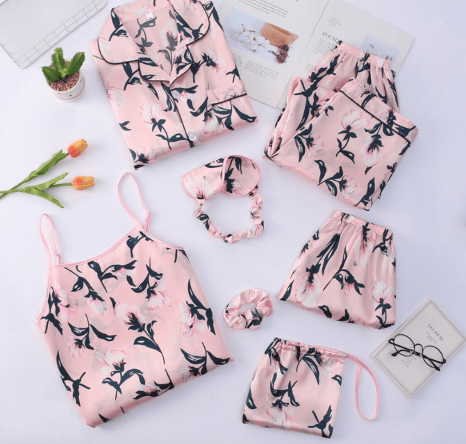 Simulated Silk Striped Seven - piece Loungewear - Amazitshop