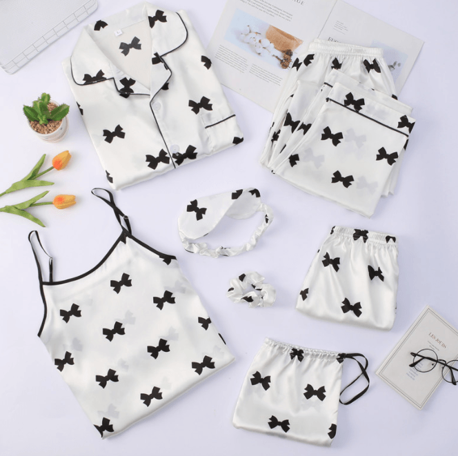 Simulated Silk Striped Seven - piece Loungewear - Amazitshop