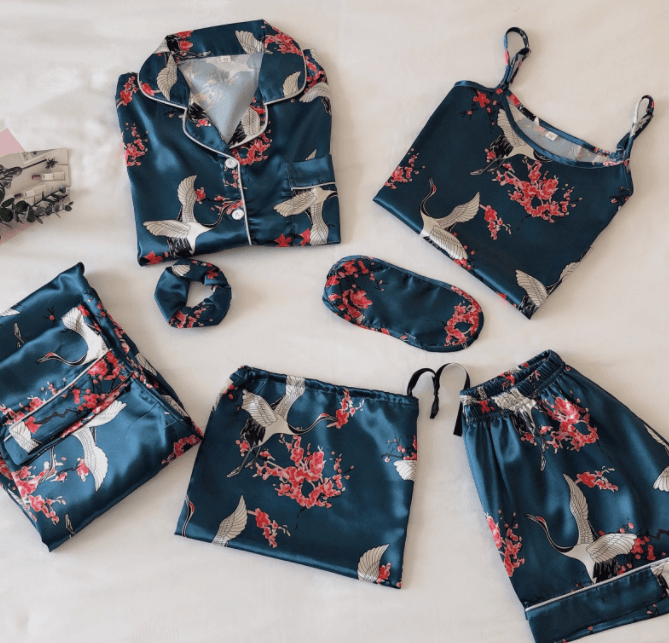 Simulated Silk Striped Seven - piece Loungewear - Amazitshop