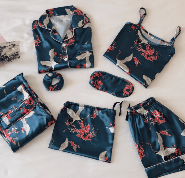 Simulated Silk Striped Seven - piece Loungewear - Amazitshop