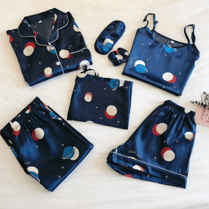 Simulated Silk Striped Seven - piece Loungewear - Amazitshop