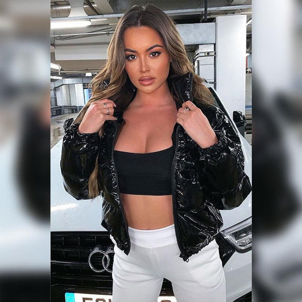 Sisterlinda Faux PU Leather Y2K Bubble Puffer Winter Warm Jacket Women Coats Long Sleeve Outerwear Zipper Casual Slim Parkas - Amazitshop