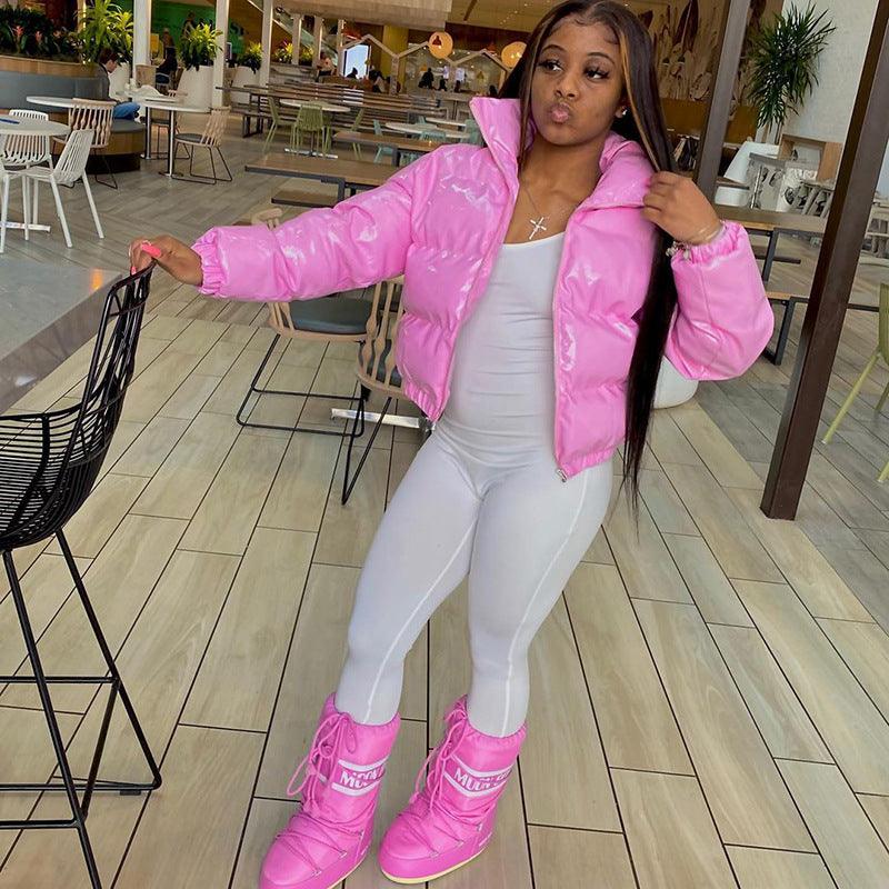 Sisterlinda Faux PU Leather Y2K Bubble Puffer Winter Warm Jacket Women Coats Long Sleeve Outerwear Zipper Casual Slim Parkas - Amazitshop