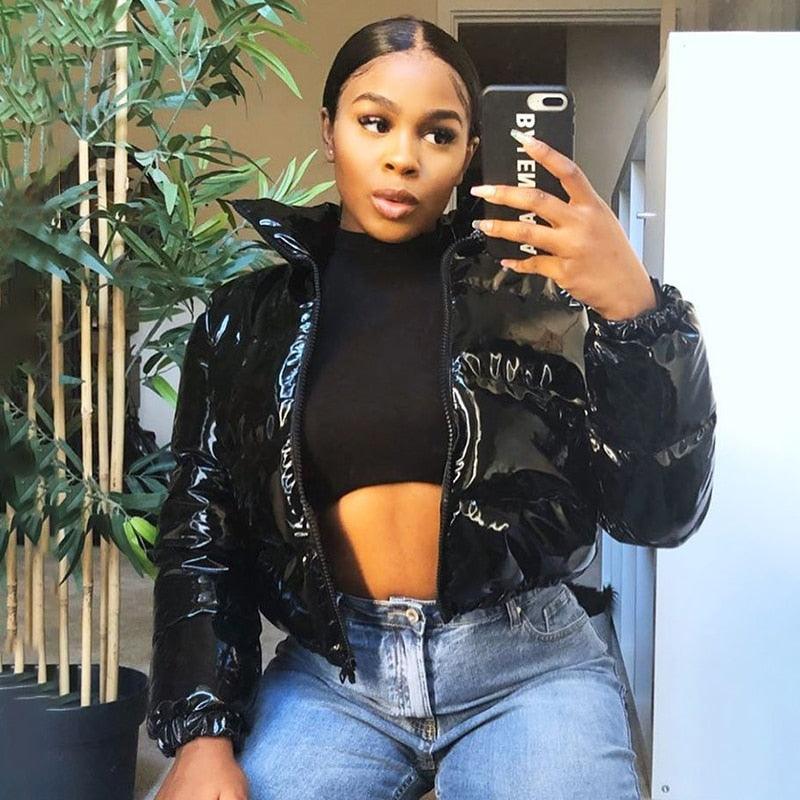 Sisterlinda Faux PU Leather Y2K Bubble Puffer Winter Warm Jacket Women Coats Long Sleeve Outerwear Zipper Casual Slim Parkas - Amazitshop