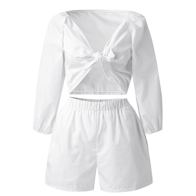 Sleeve Tops Shorts Elastic Waist Wide Leg Short Suit Sets - Amazitshop