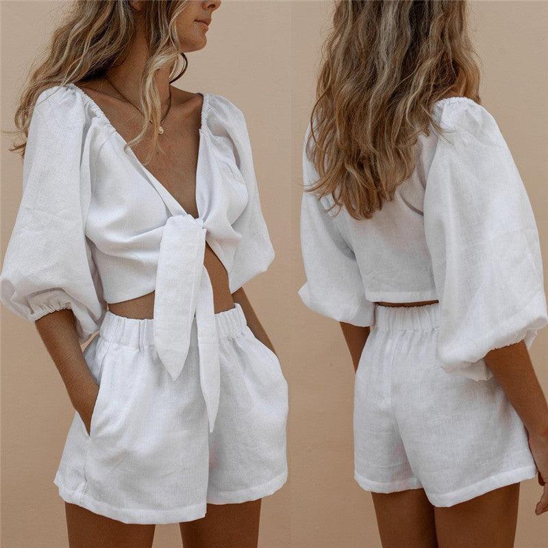 Sleeve Tops Shorts Elastic Waist Wide Leg Short Suit Sets - Amazitshop