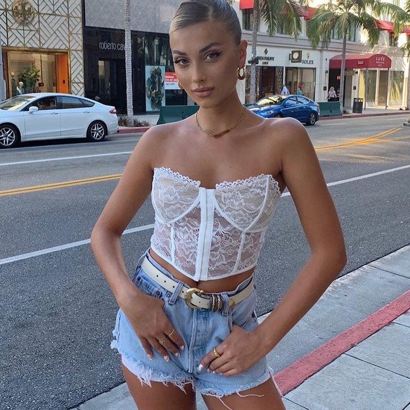Sleeveless Hook Lace Corset Crop Top For Women Party Clubwear Tube Top 2000s Aesthetic Flower Print Tank Tops - Amazitshop