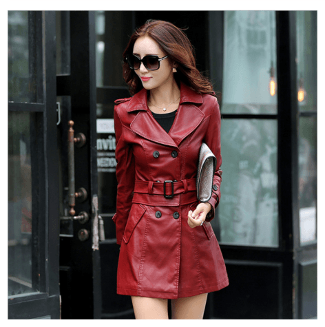 Slim - fit PU leather trench coatrench - Amazitshop