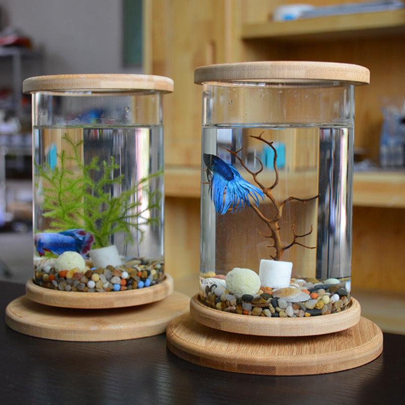Small Office Glass Aquarium Bamboo Base Mini Fish Tank Decoration Fish Bowl - Amazitshop