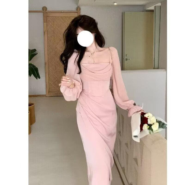 Soft Light Yarn Stitching Three Colors Fishbone Square Collar Dress Retro - Amazitshop