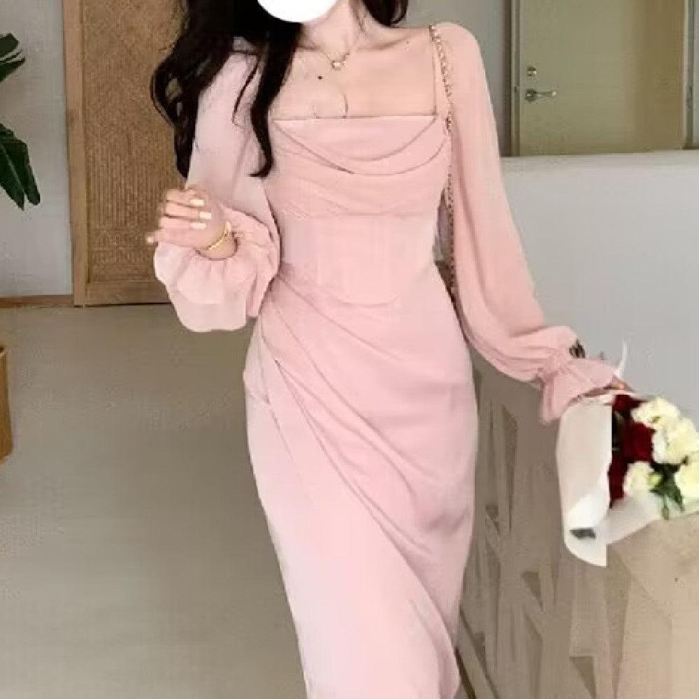 Soft Light Yarn Stitching Three Colors Fishbone Square Collar Dress Retro - Amazitshop