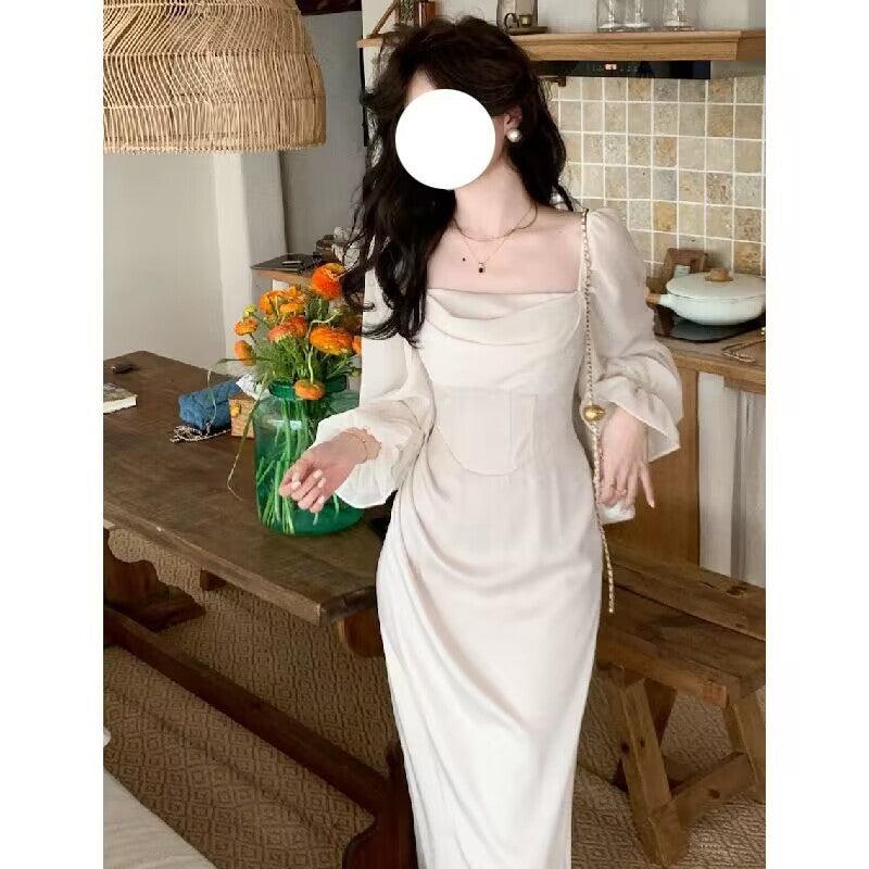 Soft Light Yarn Stitching Three Colors Fishbone Square Collar Dress Retro - Amazitshop