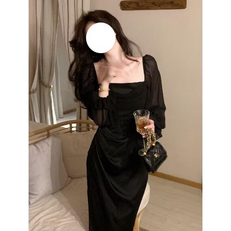 Soft Light Yarn Stitching Three Colors Fishbone Square Collar Dress Retro - Amazitshop