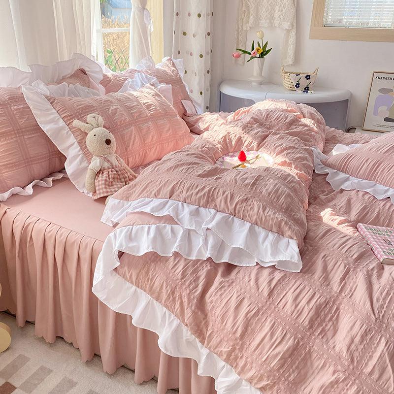Solid Color Four - piece Quilt Cover Bed Skirt Bedding Set - Amazitshop