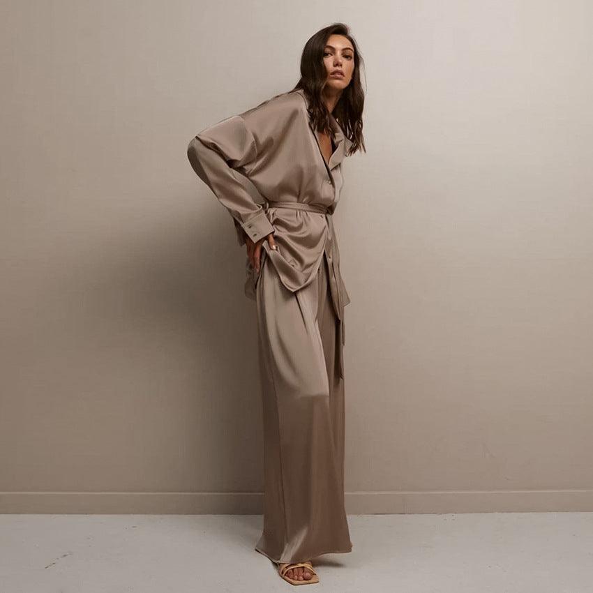 Solid Color Ladies Loungewear Satin Satin Top Trousers - Amazitshop