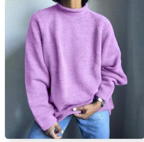 Solid Color Pullover Loose Casual Sweater - Amazitshop