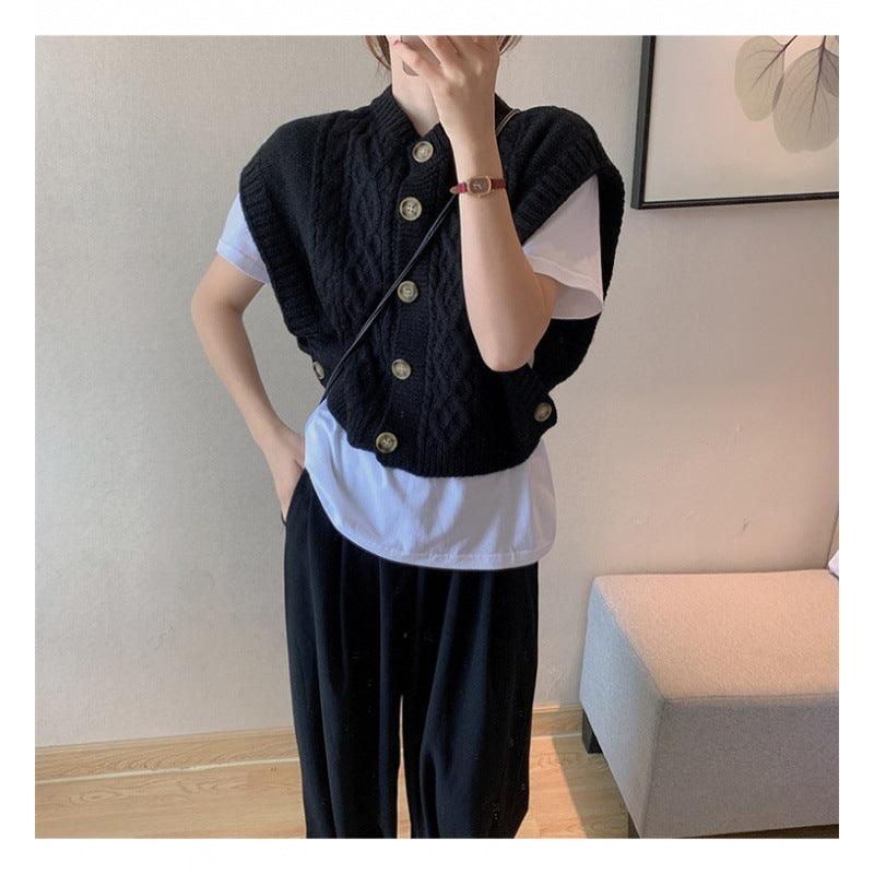 Solid Color Round Neck Commuter Outer Wear Button Thick Needle Smooth Sleeveless Soft Glutinous Knitted Vest - Amazitshop