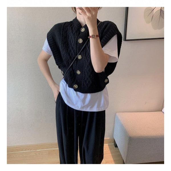 Solid Color Round Neck Commuter Outer Wear Button Thick Needle Smooth Sleeveless Soft Glutinous Knitted Vest - Amazitshop