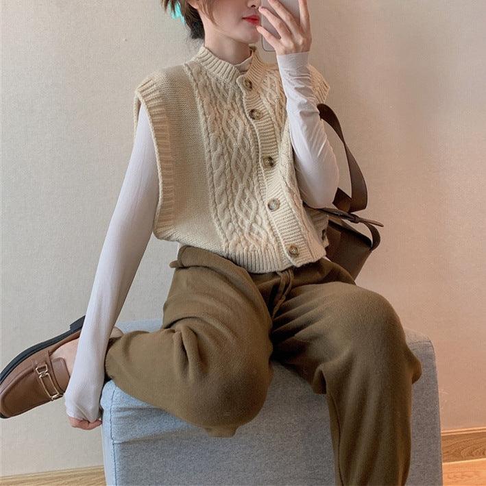 Solid Color Round Neck Commuter Outer Wear Button Thick Needle Smooth Sleeveless Soft Glutinous Knitted Vest - Amazitshop