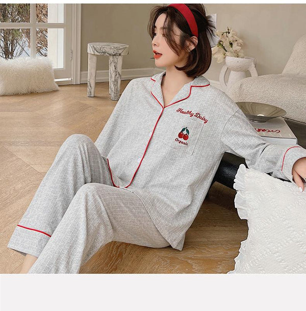 Solid Color Shirt Pure Cotton Cherry Embroidery Cardigan Nightgown - Amazitshop